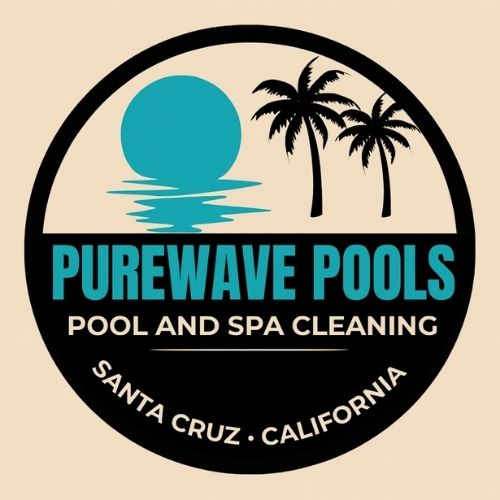 Circular PureWave Pools logo featuring a turquoise sun over water, palm trees, and bold text for a pool and spa cleaning business in Santa Cruz, California.