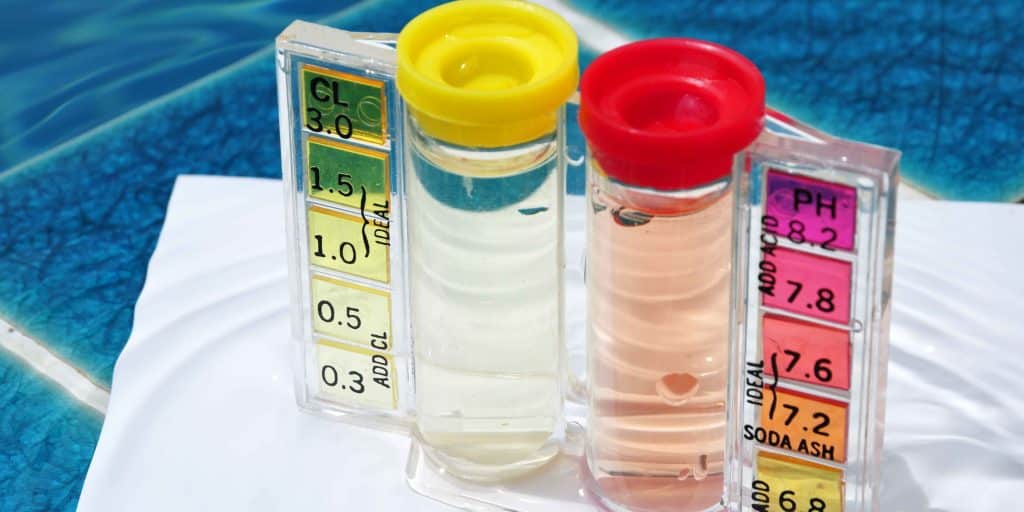 Pool water test kit showing chlorine 1.5-3.0 ppm and high pH 8.2 by PureWave Pools in Santa Cruz